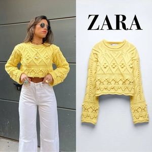 Zara Cable Knit Sweater Pompom Yellow crop